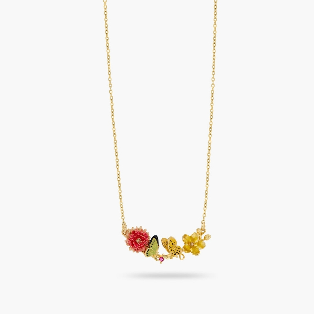 NWT Les Néréides Loves Animals Butterfly and Enameled Flower Statement Necklace